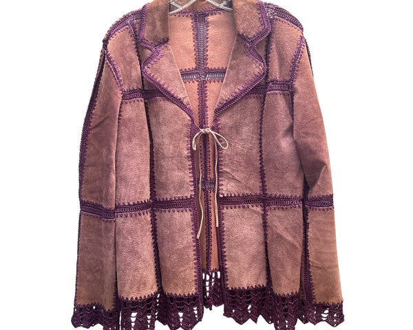 Brandon Thomas Womens Purple Leather Crochet-Trim Boho Jacket Size M