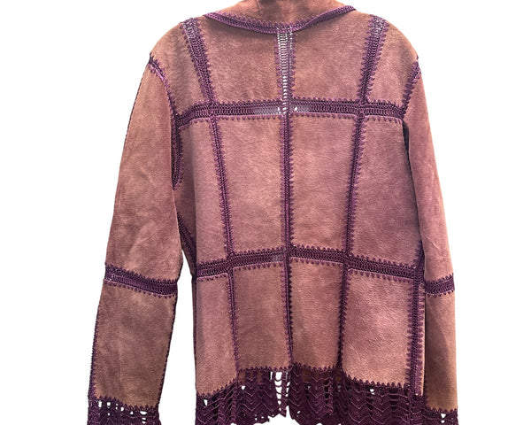 Brandon Thomas Womens Purple Leather Crochet-Trim Boho Jacket Size M