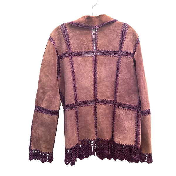 Brandon Thomas Womens Purple Leather Crochet-Trim Boho Jacket Size M
