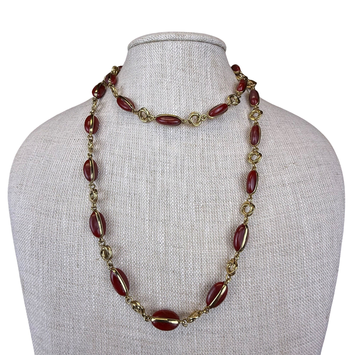 Vintage Napier Gold Tone Red Resin Beaded Necklace Lobster Claw Clasp