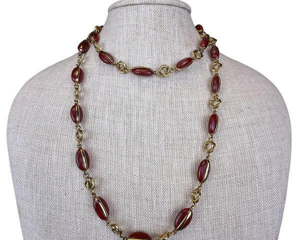 Vintage Napier Gold Tone Red Resin Beaded Necklace Lobster Claw Clasp