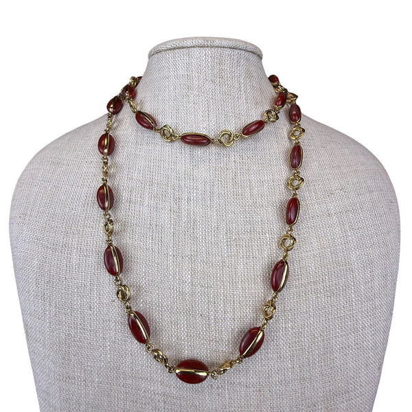 Vintage Napier Gold Tone Red Resin Beaded Necklace Lobster Claw Clasp