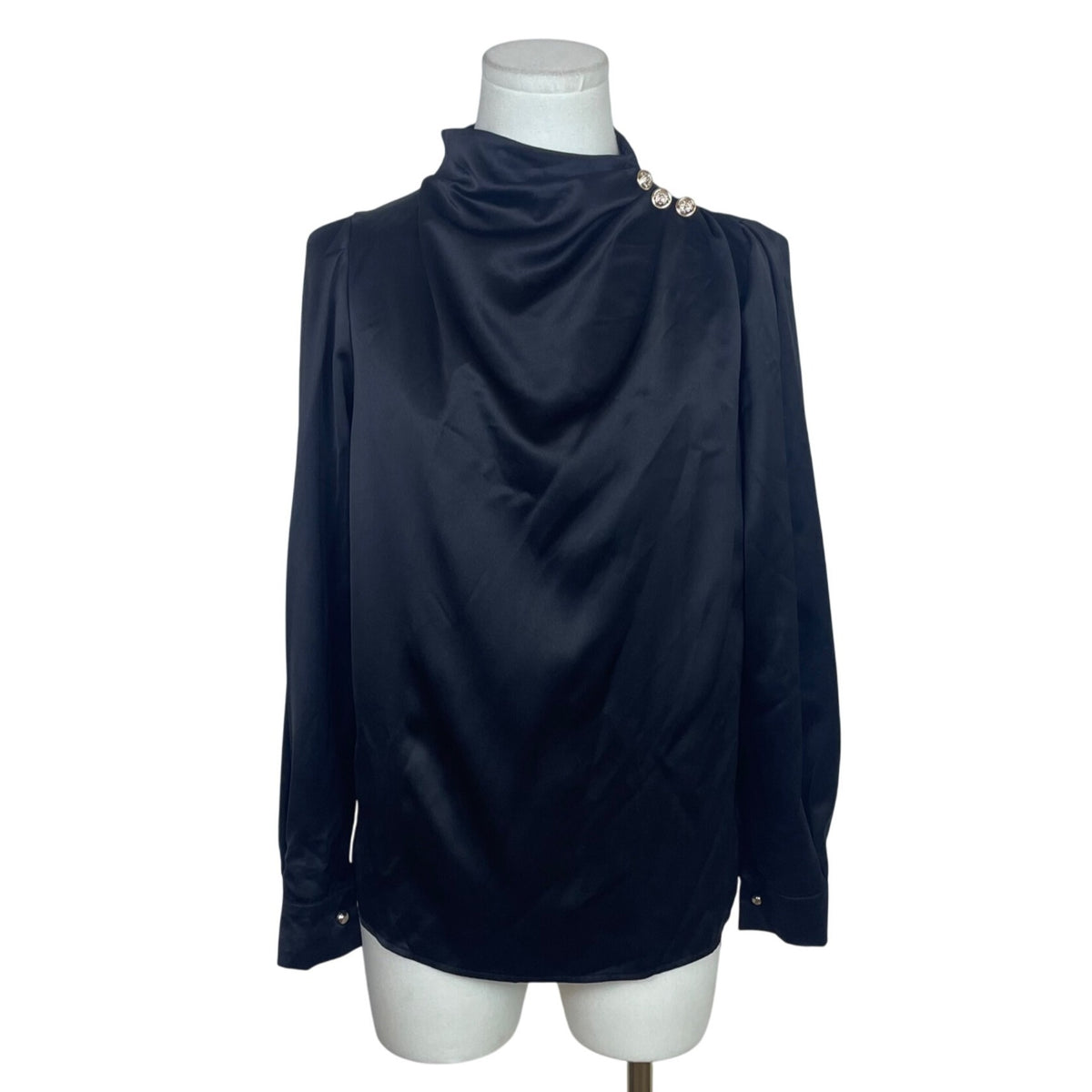 Jinghui fushi Women's Black Satin Button Embellished High Neck Long Sleeve Blouse