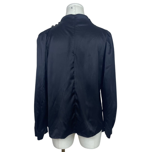 Jinghui fushi Women's Black Satin Button Embellished High Neck Long Sleeve Blouse