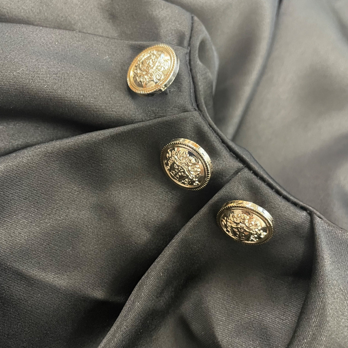 Jinghui fushi Women's Black Satin Button Embellished High Neck Long Sleeve Blouse