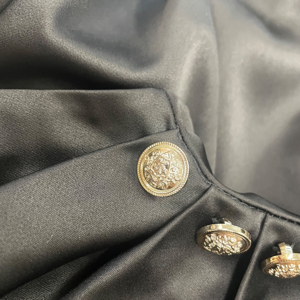 Jinghui fushi Women's Black Satin Button Embellished High Neck Long Sleeve Blouse