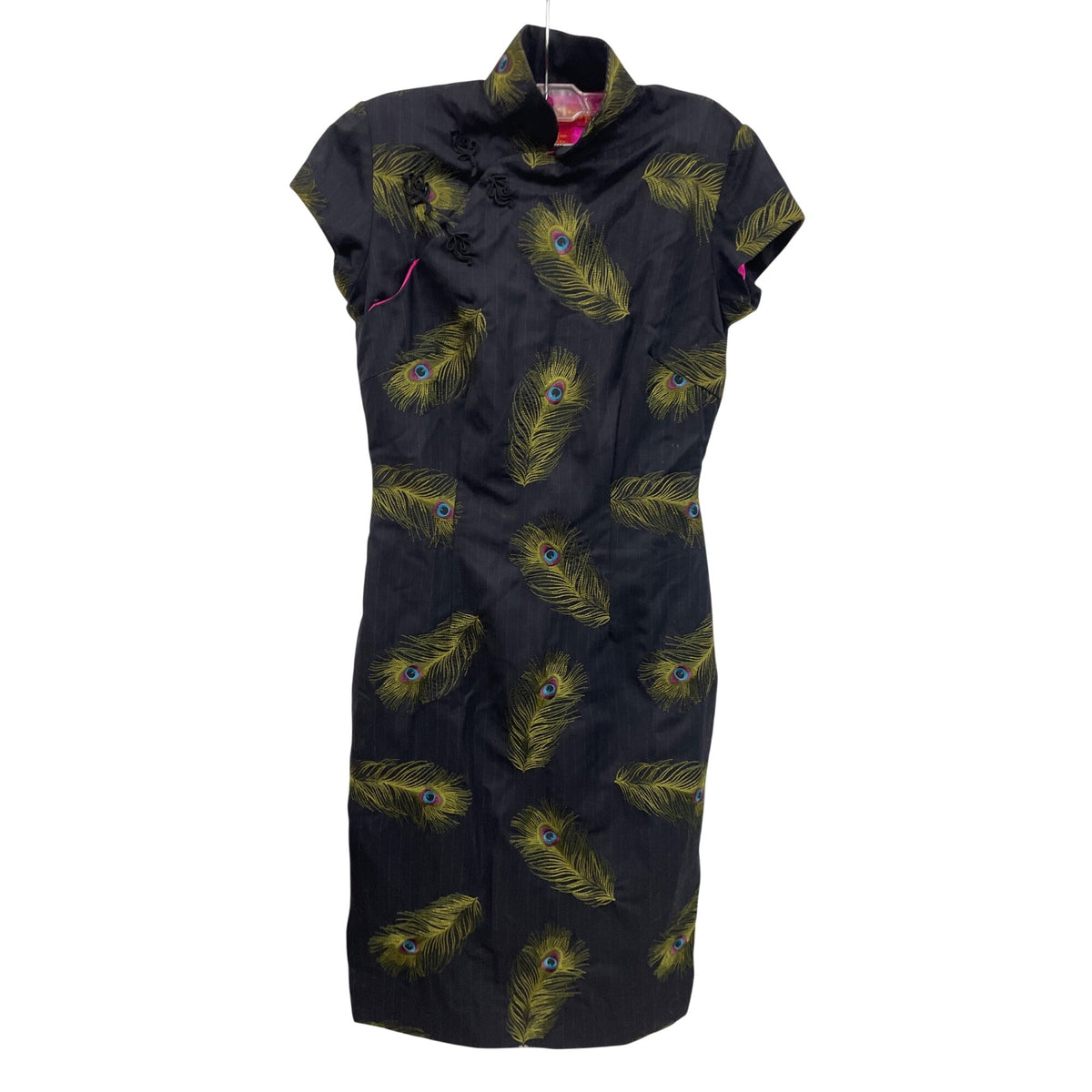 Shanghai Tang Womens Black Wool Cheongsam Dress Peacock Feather Print Lined Size 8