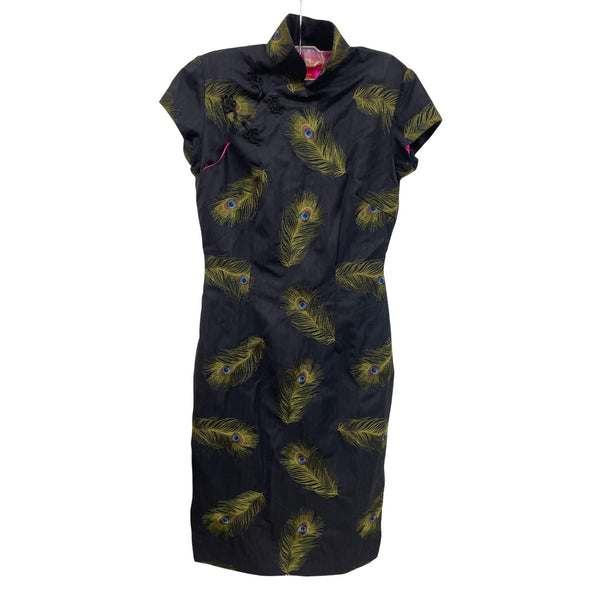 Shanghai Tang Womens Black Wool Cheongsam Dress Peacock Feather Print Lined Size 8