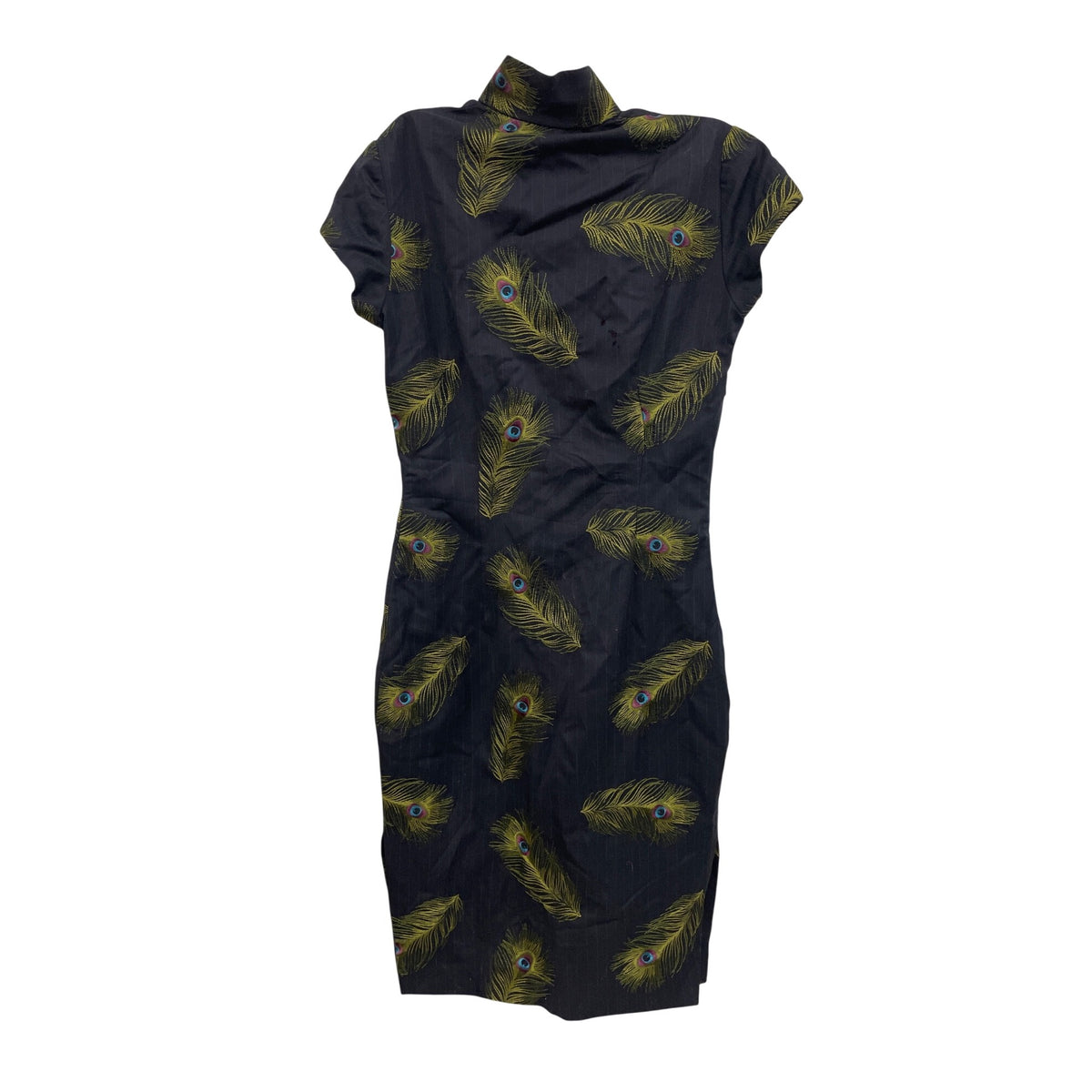 Shanghai Tang Womens Black Wool Cheongsam Dress Peacock Feather Print Lined Size 8