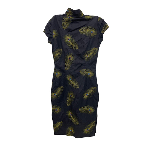 Shanghai Tang Womens Black Wool Cheongsam Dress Peacock Feather Print Lined Size 8