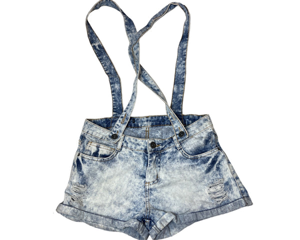 Acid Wash Denim Women's Suspender Shorts Pockets & Distressed Details Size P