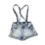 Acid Wash Denim Women's Suspender Shorts Pockets & Distressed Details Size P