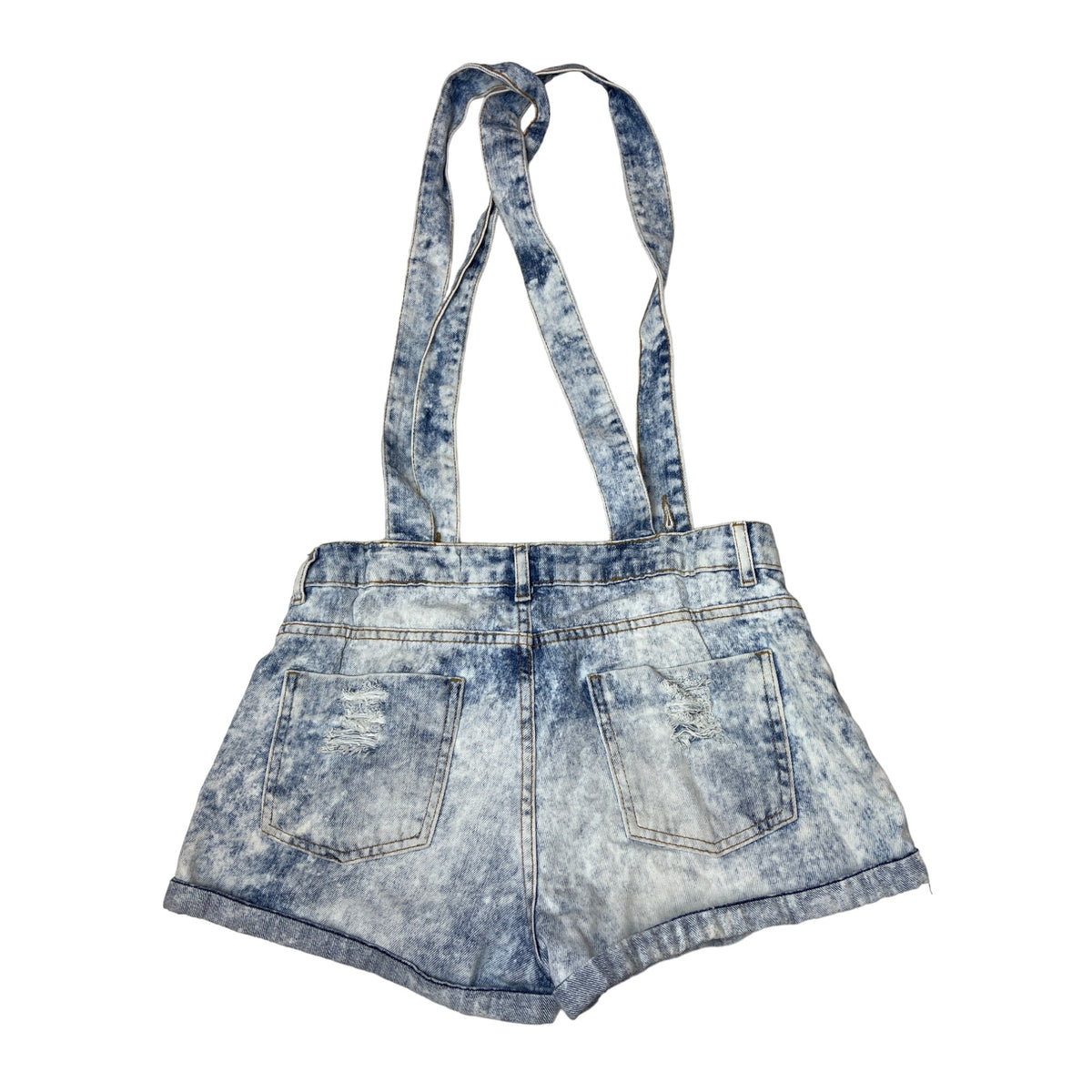 Acid Wash Denim Women's Suspender Shorts Pockets & Distressed Details Size P