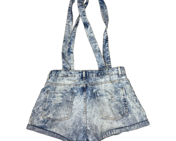 Acid Wash Denim Women's Suspender Shorts Pockets & Distressed Details Size P