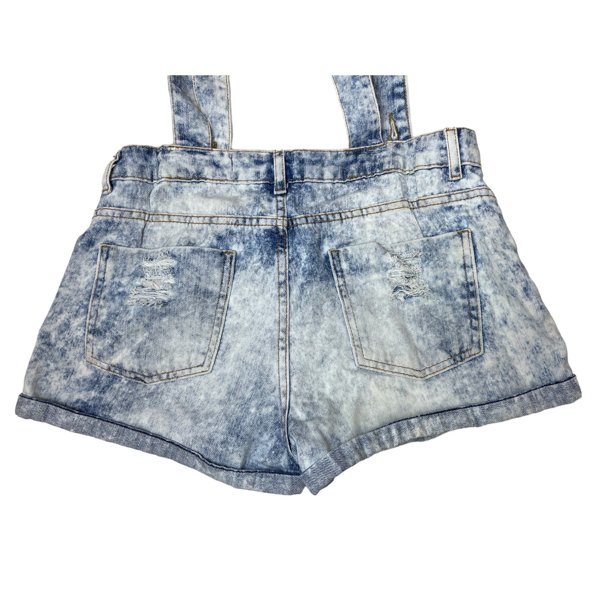Acid Wash Denim Women's Suspender Shorts Pockets & Distressed Details Size P