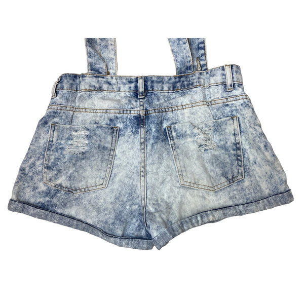 Acid Wash Denim Women's Suspender Shorts Pockets & Distressed Details Size P