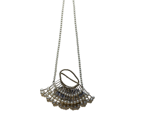 Handmade Pearl & Metal Beaded Handbag With Shoulder Strap Elegant Silver Accent