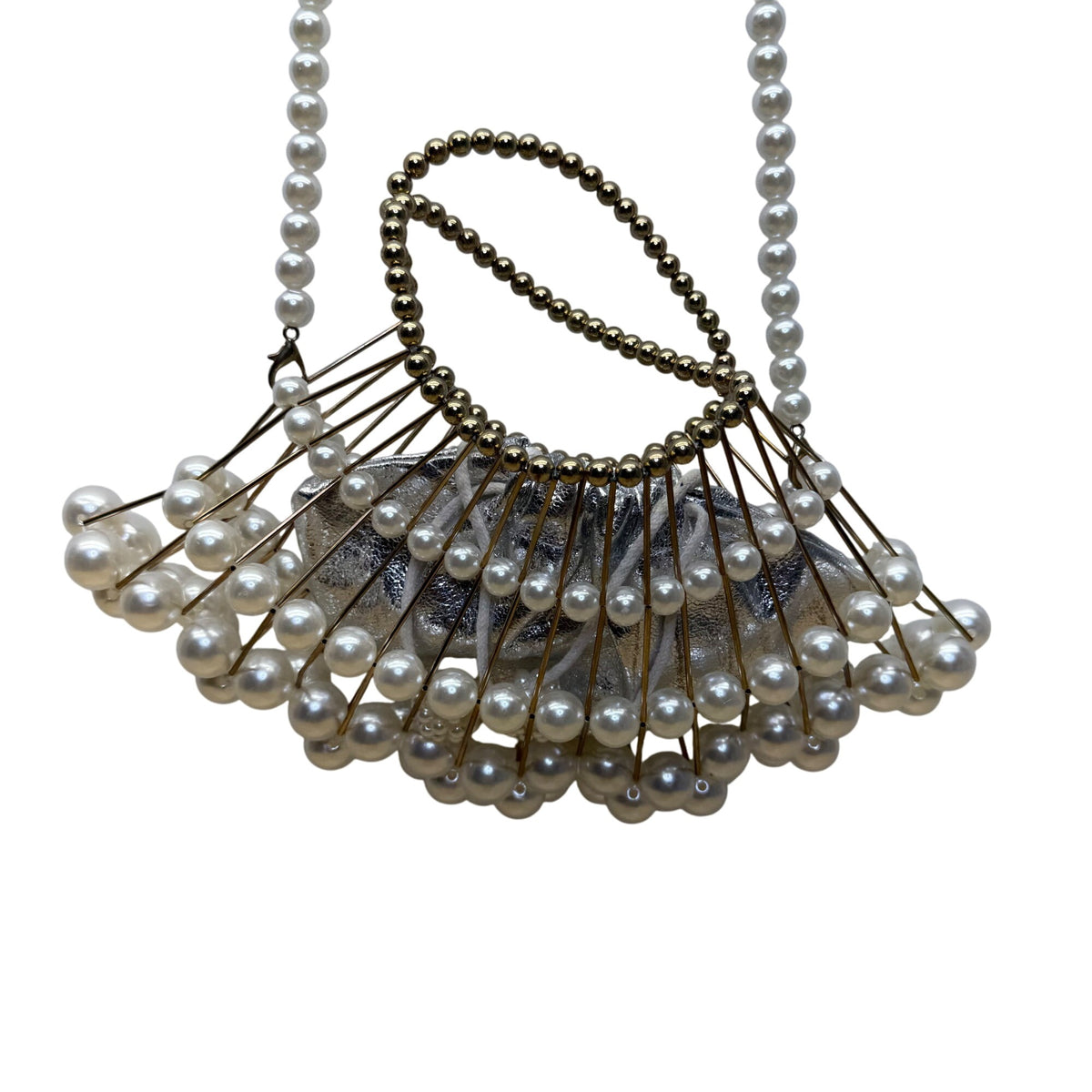 Handmade Pearl & Metal Beaded Handbag With Shoulder Strap Elegant Silver Accent