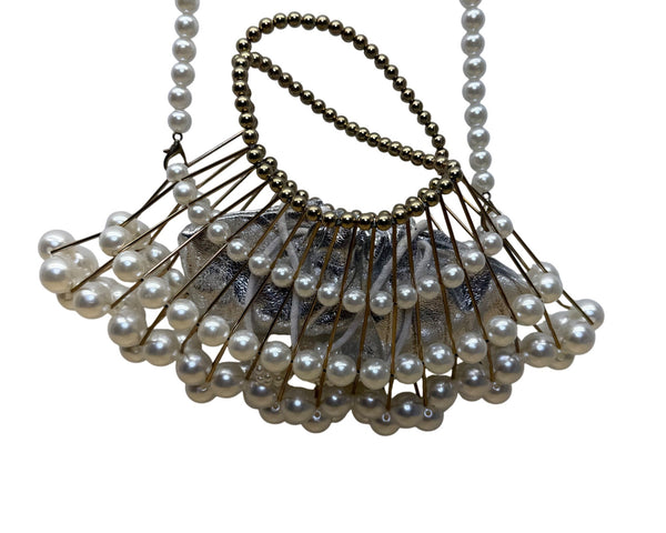 Handmade Pearl & Metal Beaded Handbag With Shoulder Strap Elegant Silver Accent