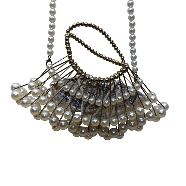 Handmade Pearl & Metal Beaded Handbag With Shoulder Strap Elegant Silver Accent