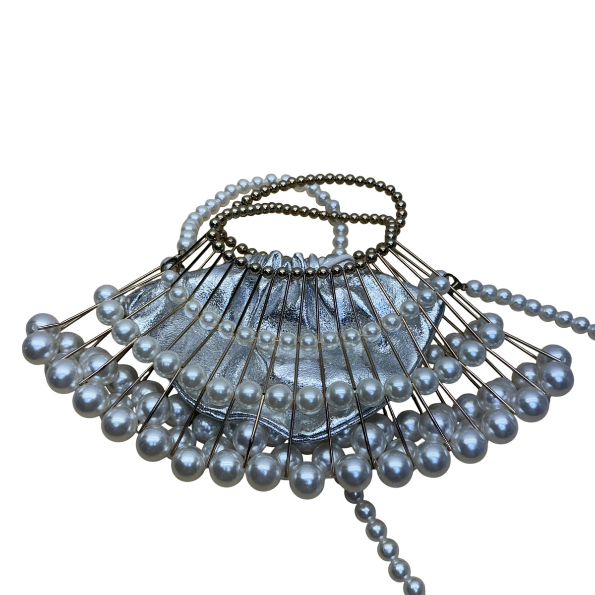 Handmade Pearl & Metal Beaded Handbag With Shoulder Strap Elegant Silver Accent