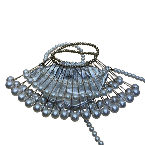 Handmade Pearl & Metal Beaded Handbag With Shoulder Strap Elegant Silver Accent