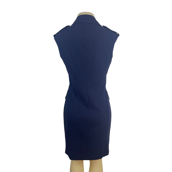 calvin klein navy blue dress sleeveless CALVIN KLEIN Navy Blue Sleeveless Shift Sheath Dress 8 Pockets Silver Accents
