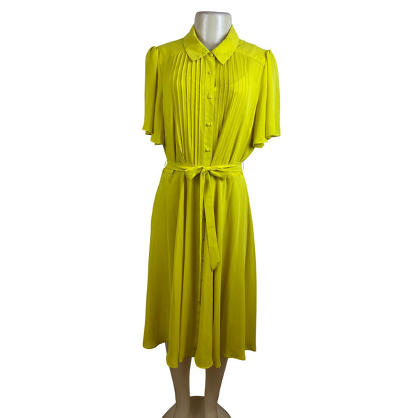 Nanette Womens Bright Yellow Midi Dress With Belt & Pleated Detail Sz 12