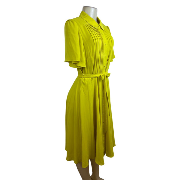 Nanette Womens Bright Yellow Midi Dress With Belt & Pleated Detail Sz 12