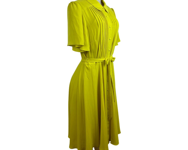 Nanette Womens Bright Yellow Midi Dress With Belt & Pleated Detail Sz 12