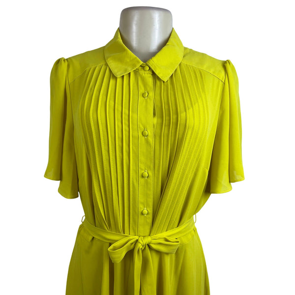 Nanette Womens Bright Yellow Midi Dress With Belt & Pleated Detail Sz 12