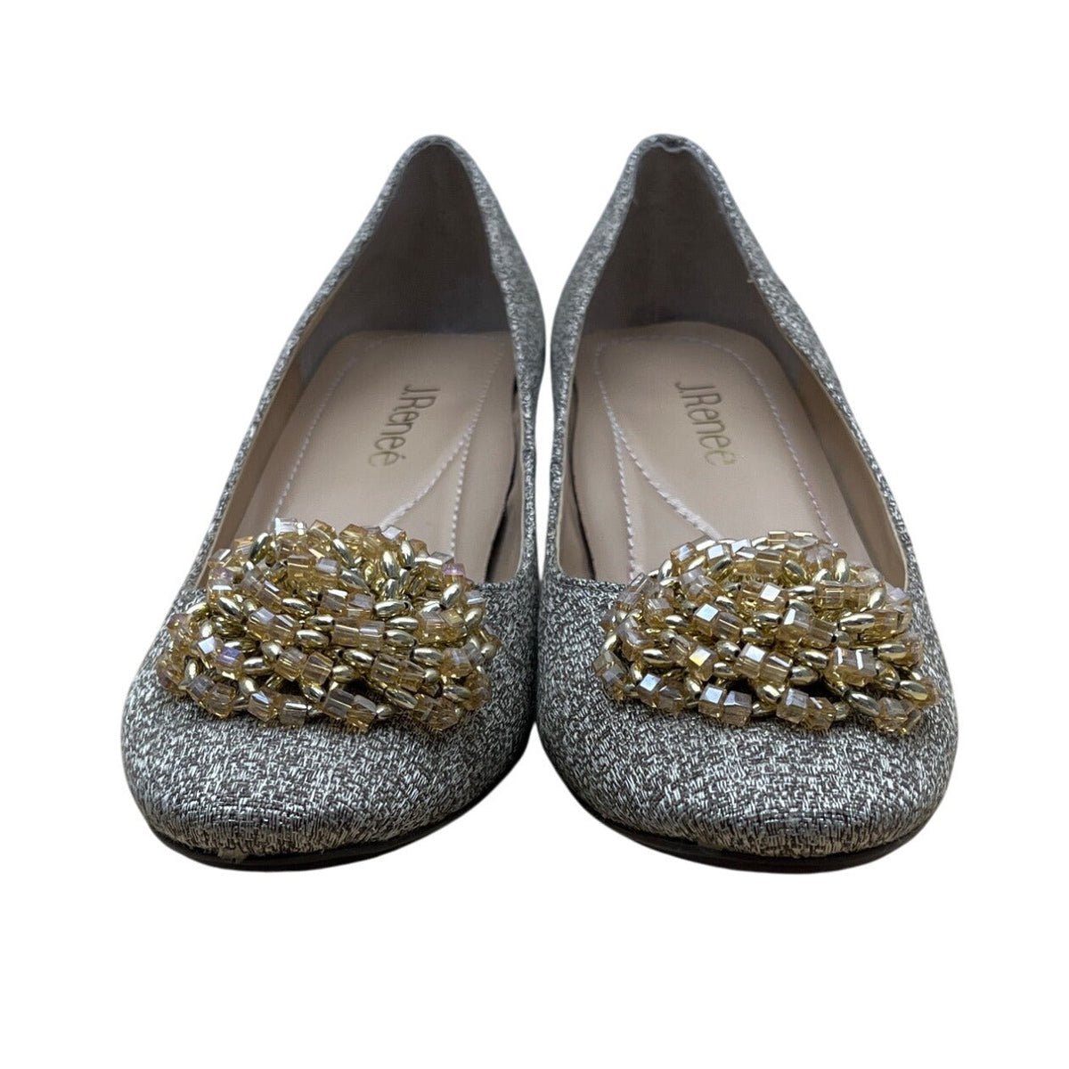 J. Renee Women’s Grey Glitter Eloisa Gold Beaded Detail Wedge Pumps Sz 7.5M