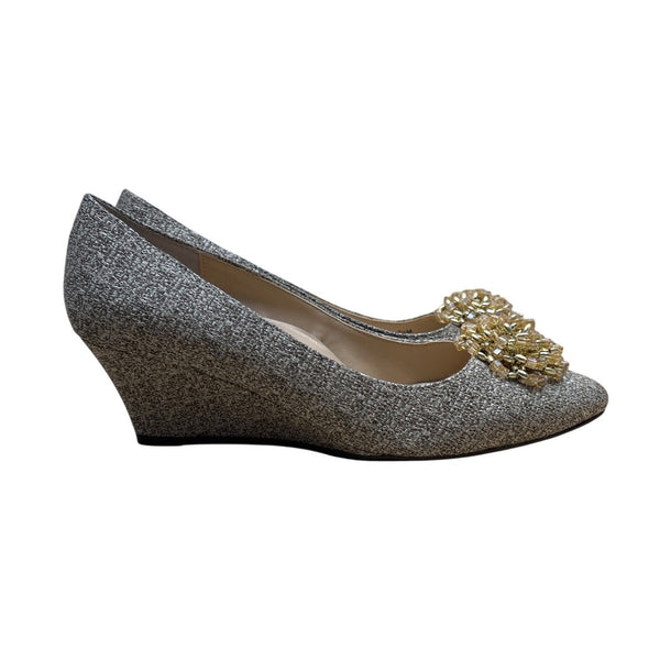 J. Renee Women’s Grey Glitter Eloisa Gold Beaded Detail Wedge Pumps Sz 7.5M