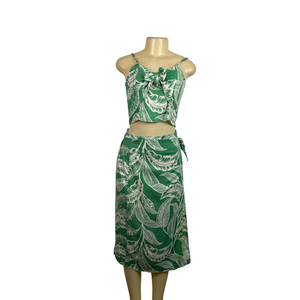 Rachel Zoe Womens Green Linen Rayon Leaf Print Crop Top & Wrap Skirt Set XS 2pc