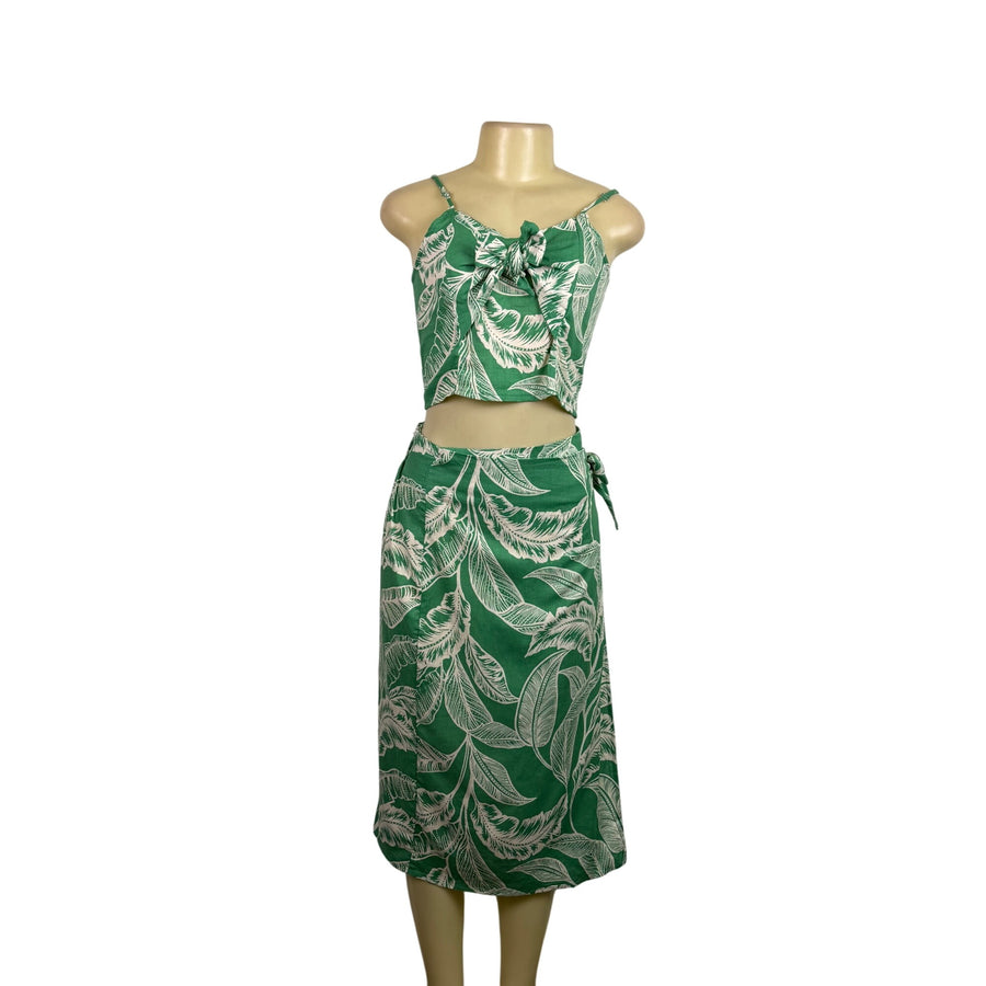Rachel Zoe Womens Green Linen Rayon Leaf Print Crop Top & Wrap Skirt Set XS 2pc