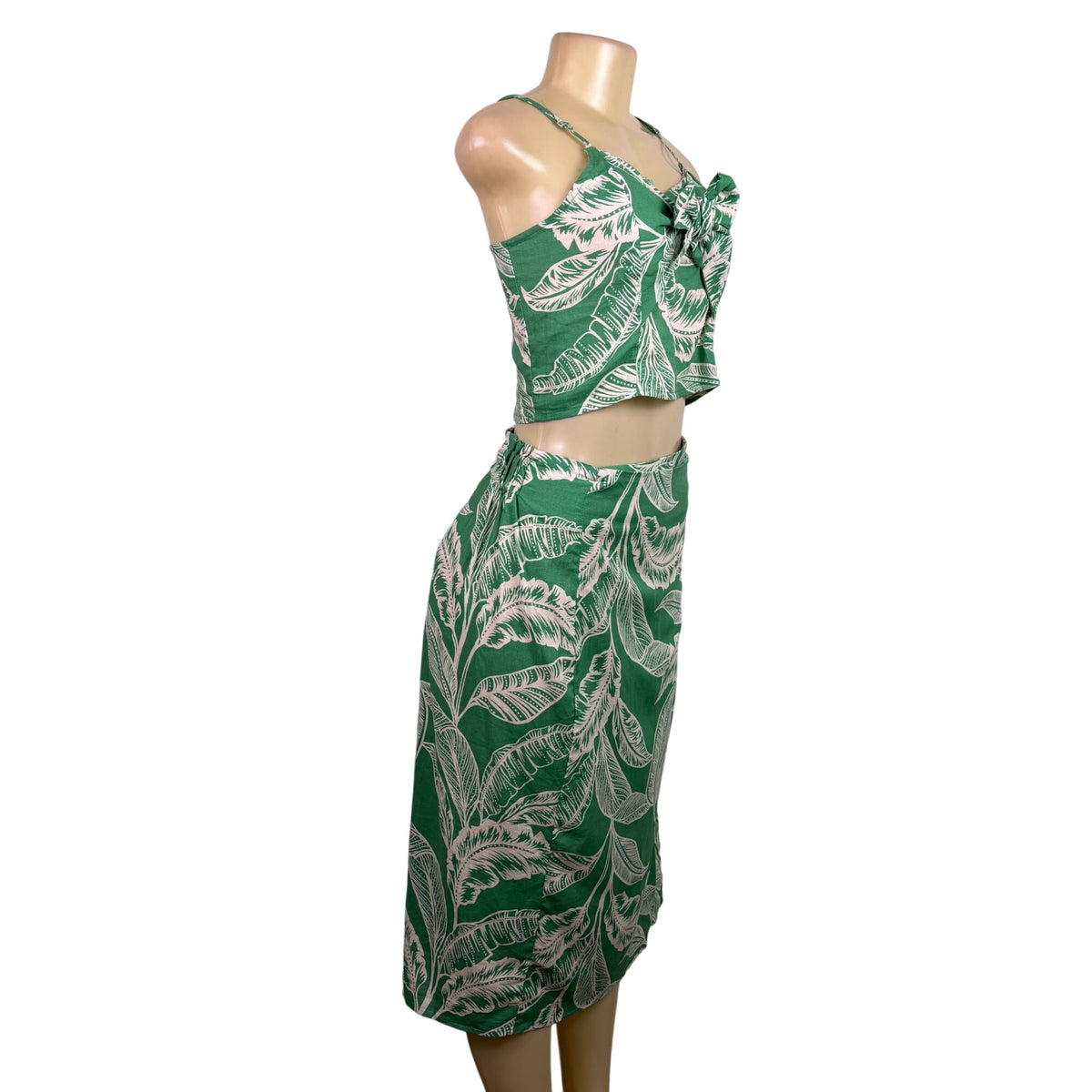 Rachel Zoe Womens Green Linen Rayon Leaf Print Crop Top & Wrap Skirt Set XS 2pc