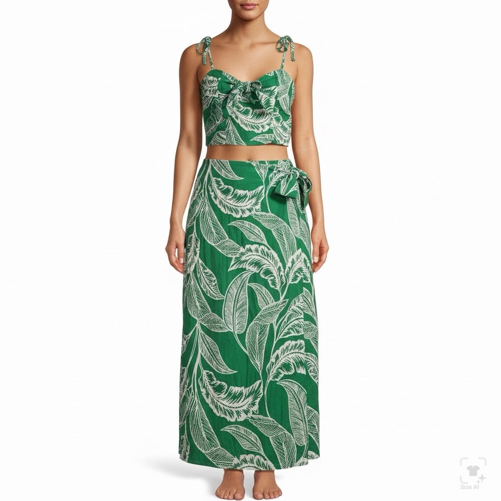 Rachel Zoe Womens Green Linen Rayon Leaf Print Crop Top & Wrap Skirt Set XS 2pc