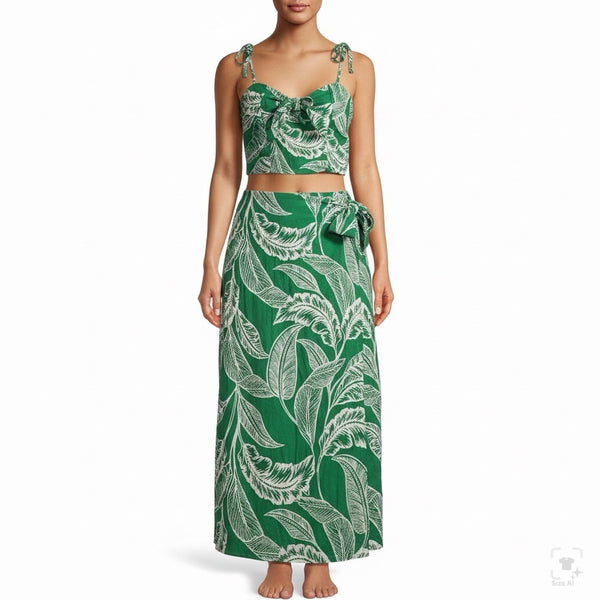 Rachel Zoe Womens Green Linen Rayon Leaf Print Crop Top & Wrap Skirt Set XS 2pc