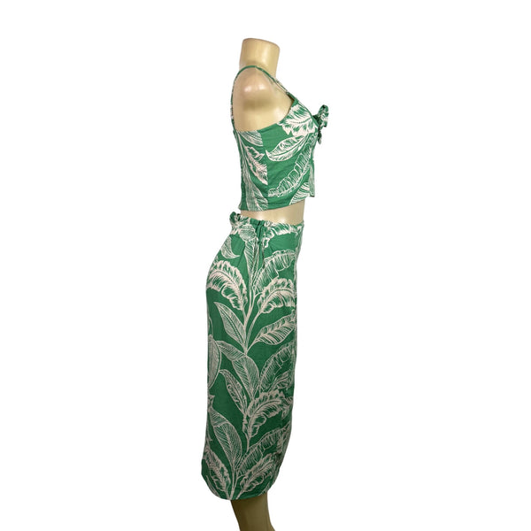 Rachel Zoe Womens Green Linen Rayon Leaf Print Crop Top & Wrap Skirt Set XS 2pc