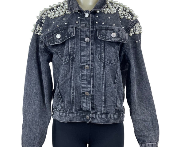 Womens Black Denim Pearl Embellished Jacket With Button Front & Chest Pockets