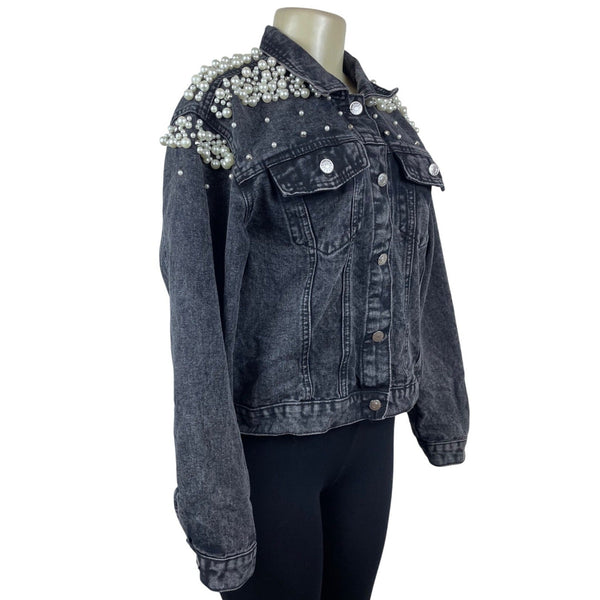 Womens Black Denim Pearl Embellished Jacket With Button Front & Chest Pockets