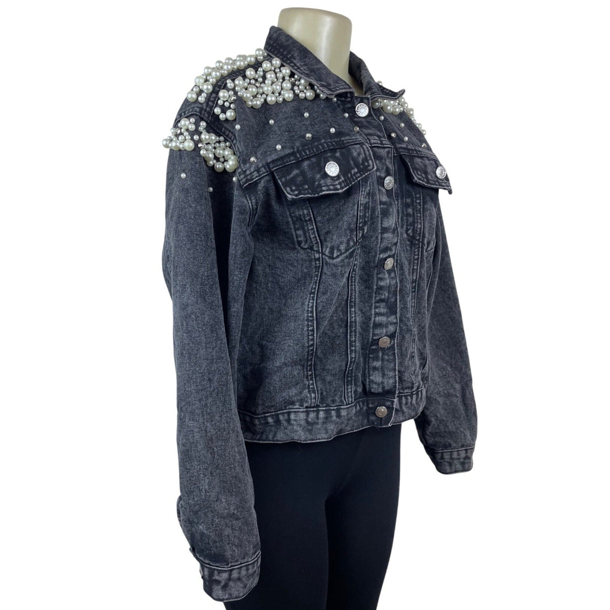 Womens Black Denim Pearl Embellished Jacket With Button Front & Chest Pockets