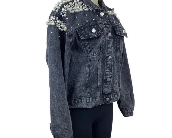 Womens Black Denim Pearl Embellished Jacket With Button Front & Chest Pockets