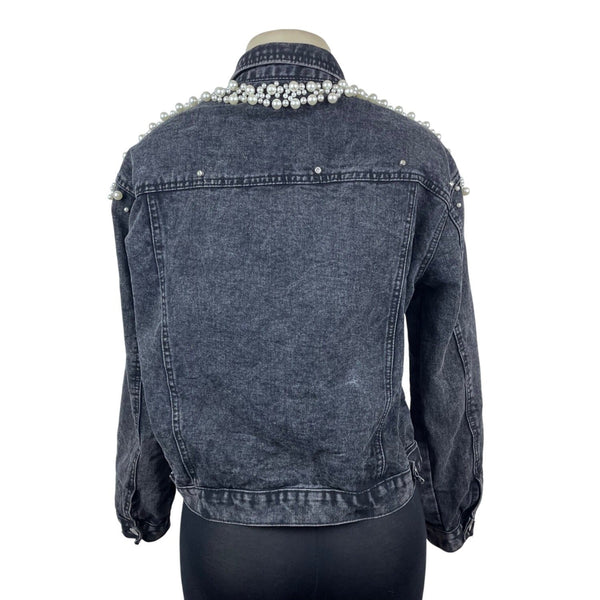Womens Black Denim Pearl Embellished Jacket With Button Front & Chest Pockets
