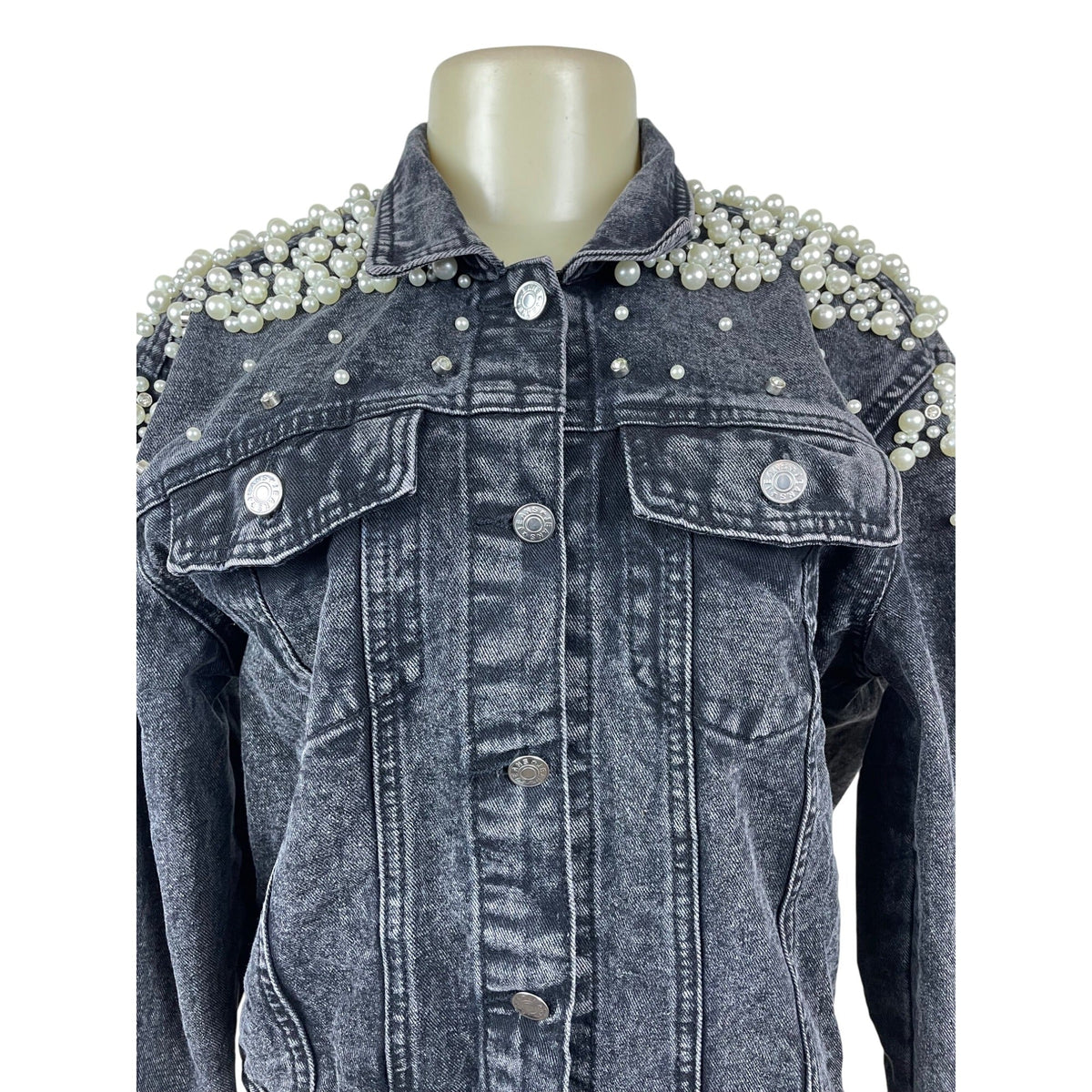 Womens Black Denim Pearl Embellished Jacket With Button Front & Chest Pockets