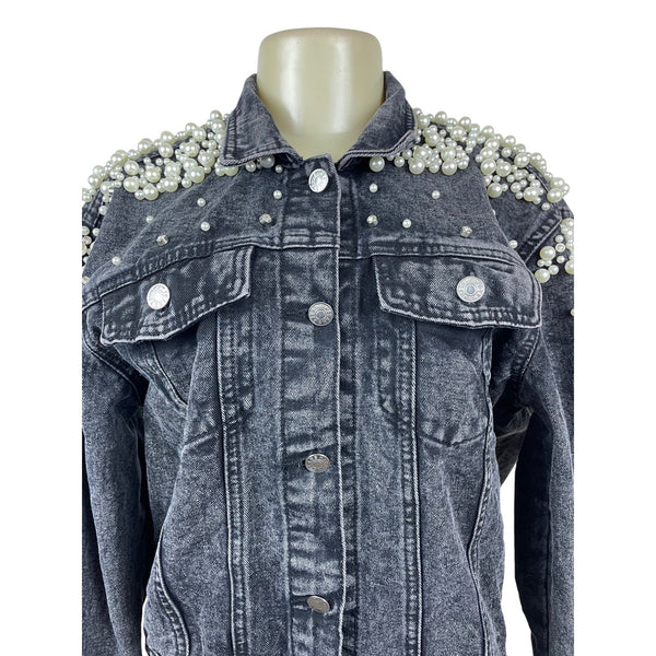 Womens Black Denim Pearl Embellished Jacket With Button Front & Chest Pockets