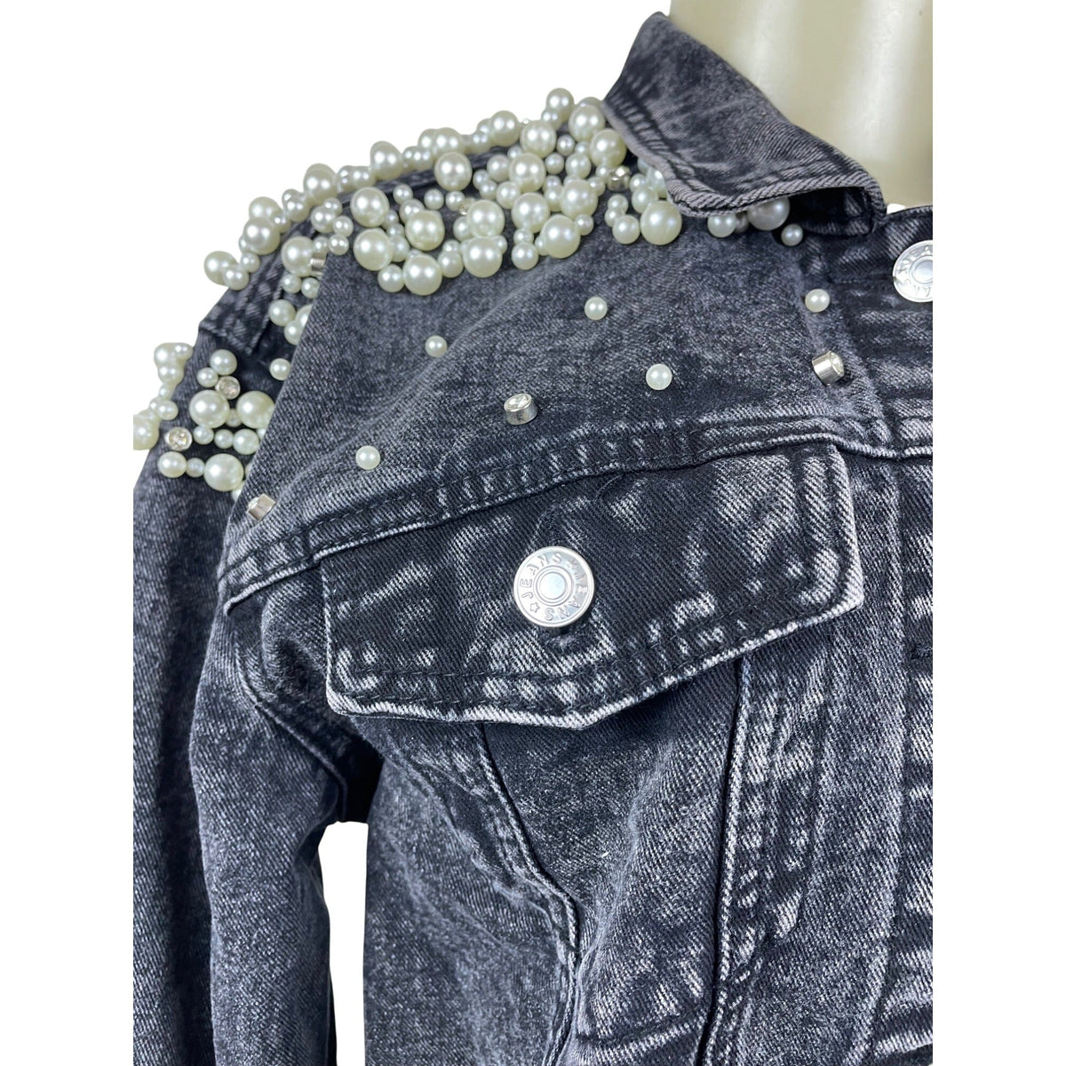 Womens Black Denim Pearl Embellished Jacket With Button Front & Chest Pockets