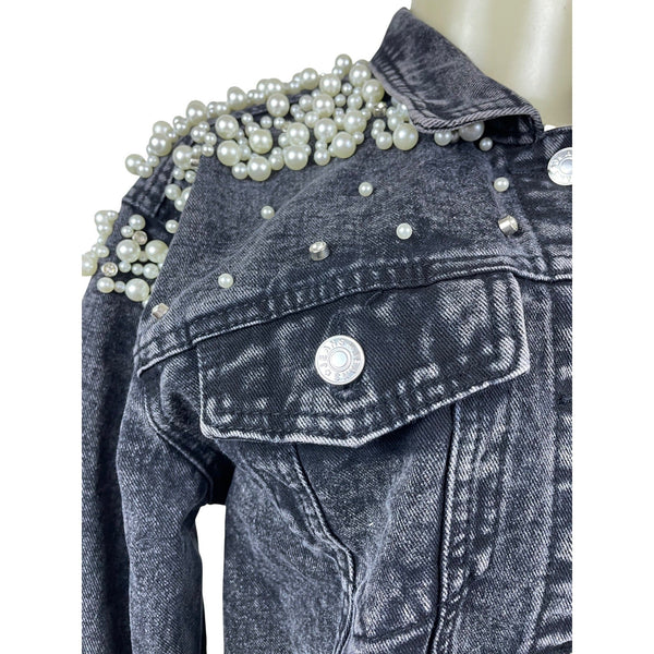 Womens Black Denim Pearl Embellished Jacket With Button Front & Chest Pockets