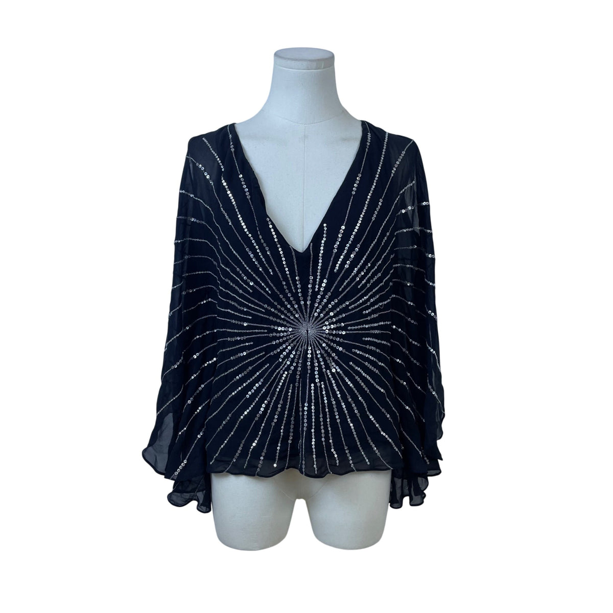 BCBGMAXAZRIA  Black Sequined Chiffon Top Blouse Small Starburst Design Sz S