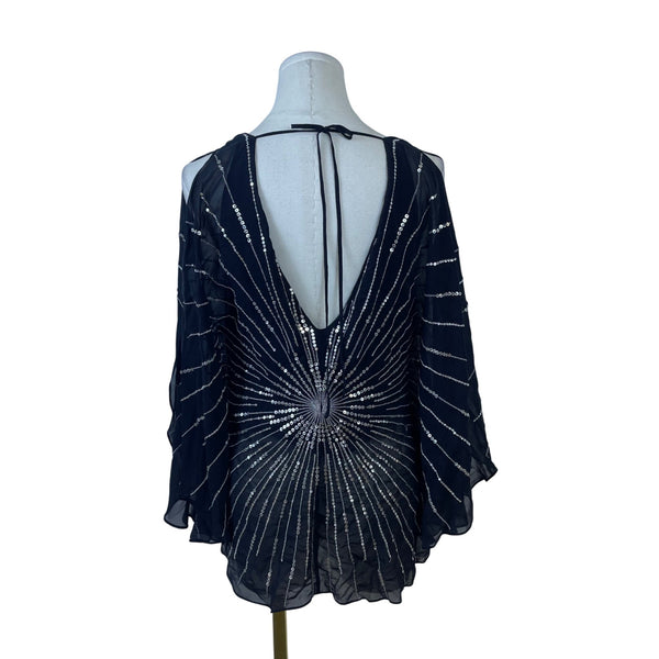 BCBGMAXAZRIA  Black Sequined Chiffon Top Blouse Small Starburst Design Sz S
